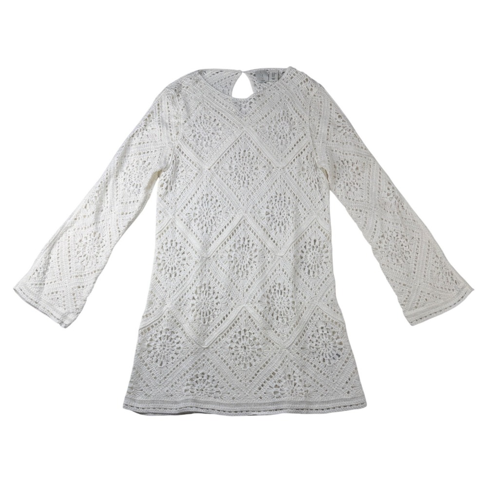 Joie White Crochet Diamond Lace Long Sleeve Mini Dress Keyhole Back Size Medium - Picture 2 of 8